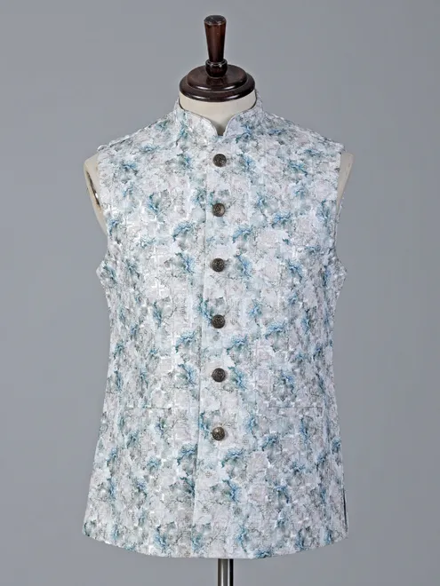 Cream and blue printed waistcoat with sequins work