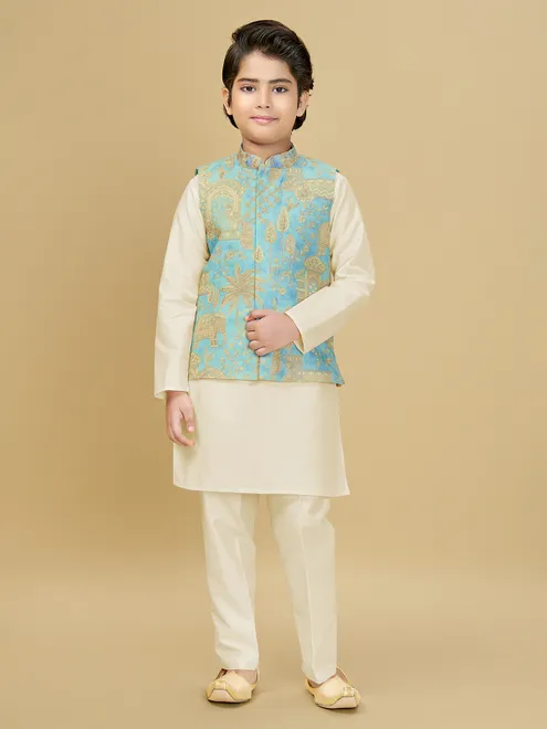 Cream and blue silk waistcoat set for wedding