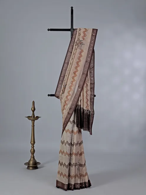 Cream and brown cotton silk saree with zigzag accents