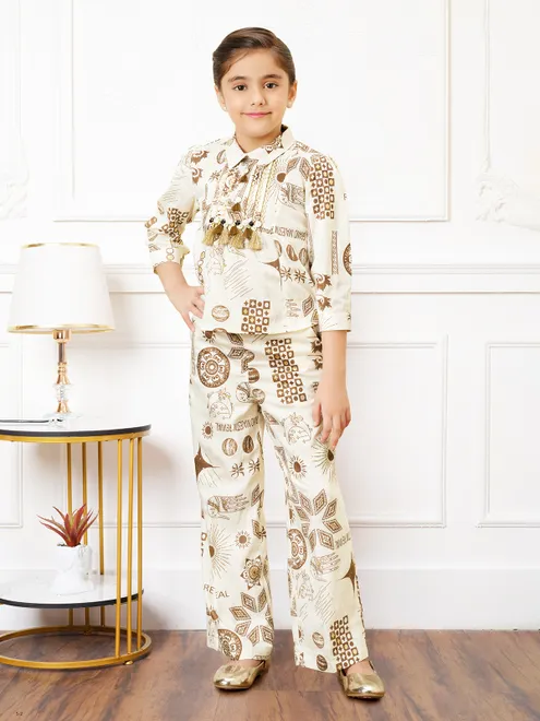 Cream and brown printed cotton palazzo co-ord set