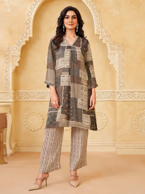 Cream and grey silk printed salwar suit