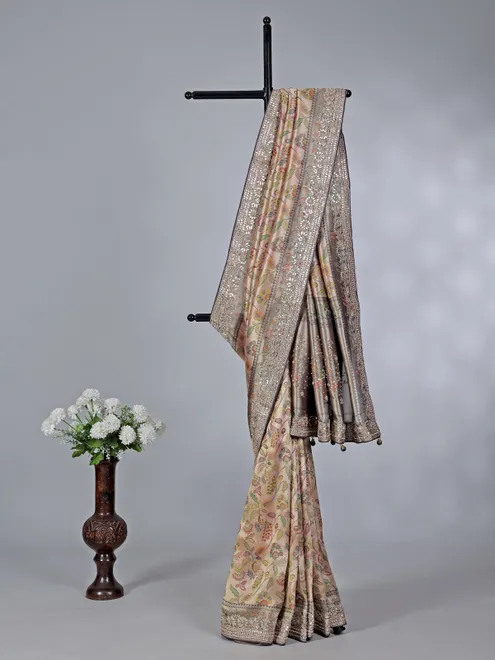 Cream and charcoal grey kanjivaram silk saree