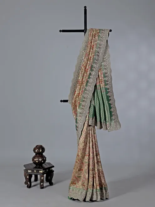 Cream and green tissue kanjivaram silk saree