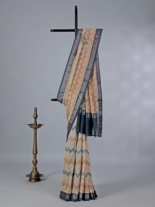Cream and grey cotton silk zigzag detailing saree