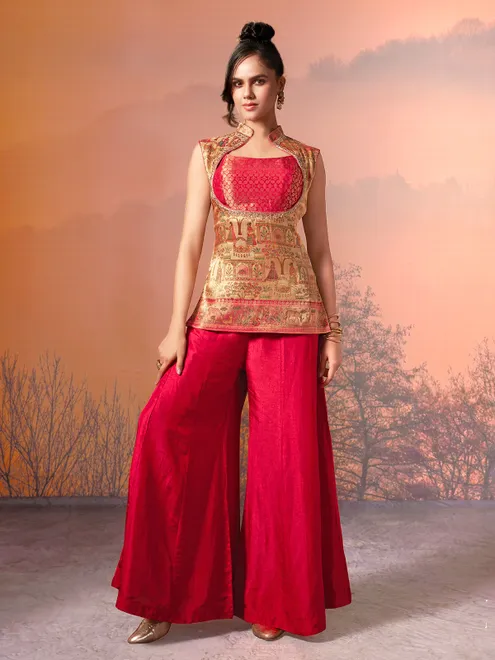 Cream and magenta motif silk palazzo suit