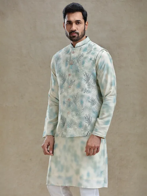Cream and mint green shaded silk kurta jacket set for reception