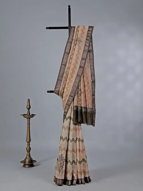 Cream and olive cotton silk zigzag patterns saree