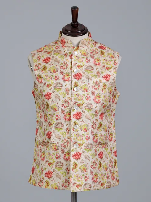 Cream and pink silk printed wedding waistcoat