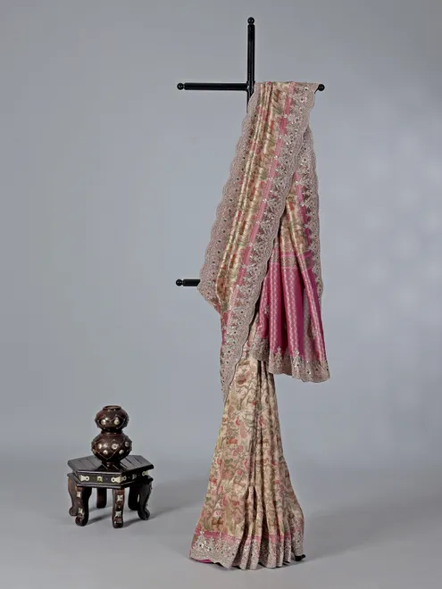 Cream and pink tissue kanjivaram silk saree