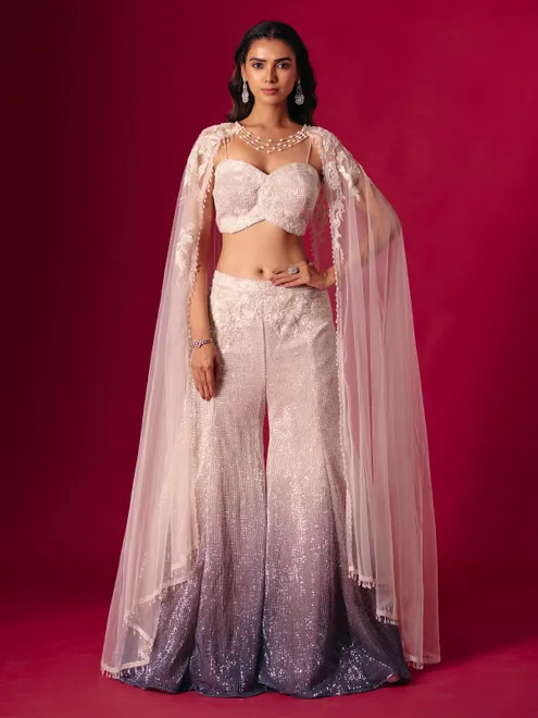 Cream and purple shaded designer sequins work palazzo suit