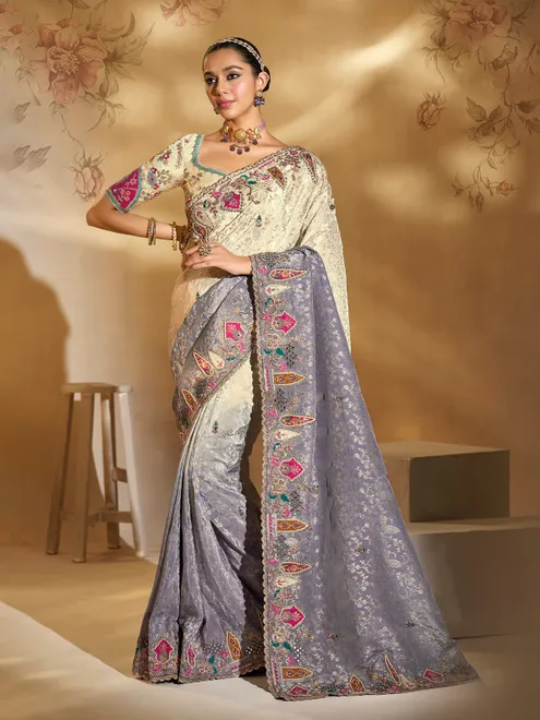Cream and purple shaded silk saree