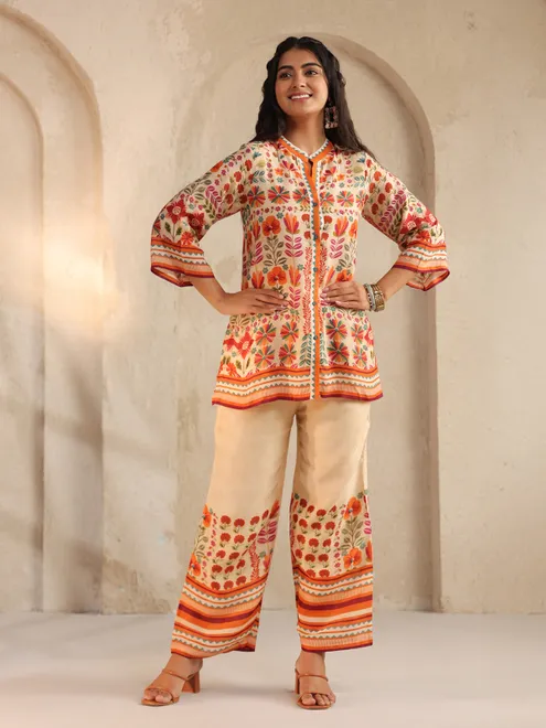 Cream and red silk printed co ord set for casual