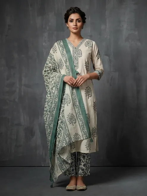 Cream and sage green cotton subtle kurti set with dupatta set