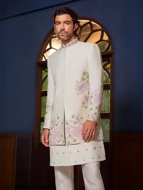 Cream art silk zari resham indo western jacket