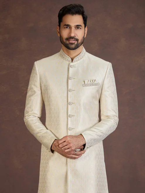 Cream Banarasi jacquard brocade Indo western set for celebrations