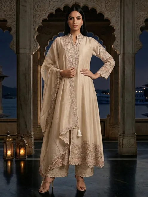 Cream chiffon anarkali zardosi elegant festive suit