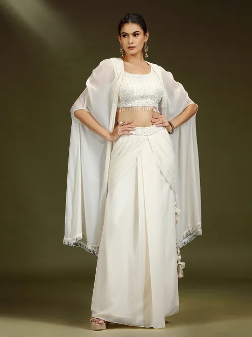 Cream chiffon designer lehenga choli with shrug