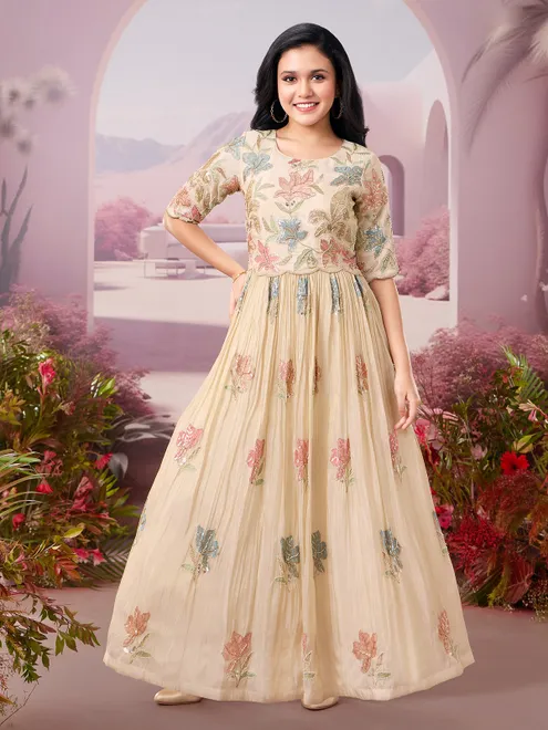 Cream chiffon embroidered gown for girls