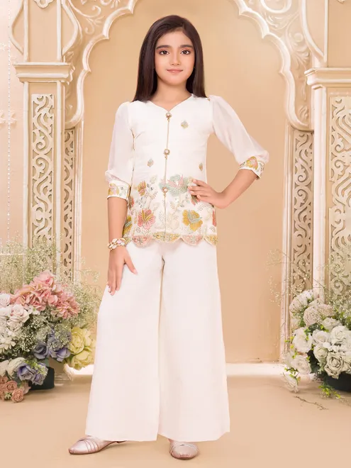 Cream chiffon embroidered palazzo suit for celebrations