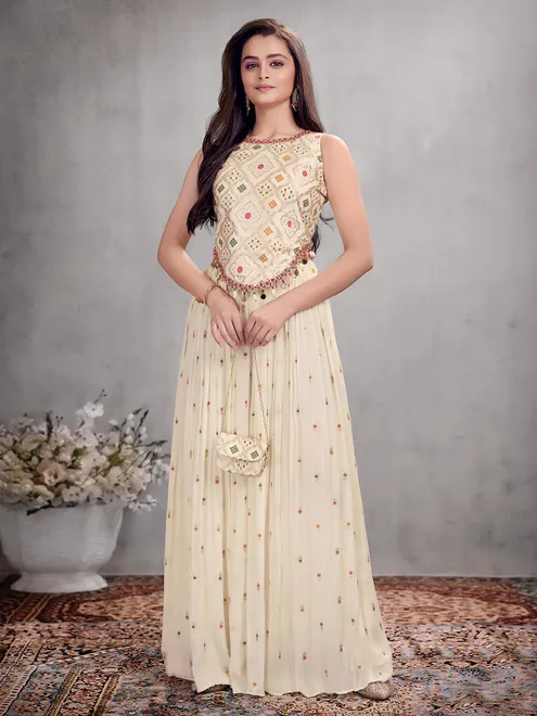 Cream chiffon palazzo suit with zardosi highlights