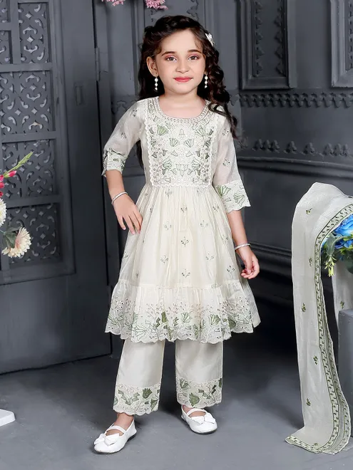 Cream chiffon salwar suit with embroidery
