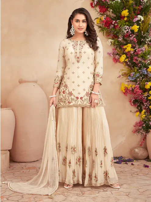 Cream chiffon silk embroidered palazzo festive suit