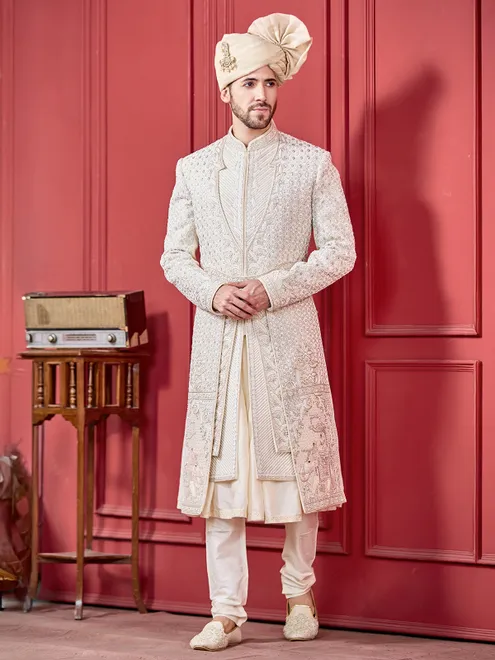 Cream coloured peshwahi silk sherwani