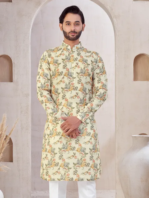 Cream cotton festive wear printed kurta suit