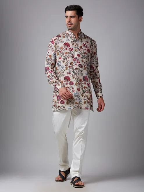 Cream cotton floral printed short men kurta pajama