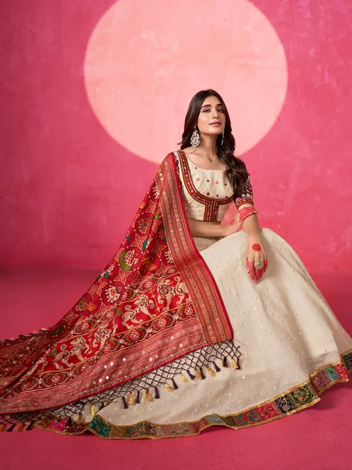 Cream cotton lehenga choli with embroidered choli