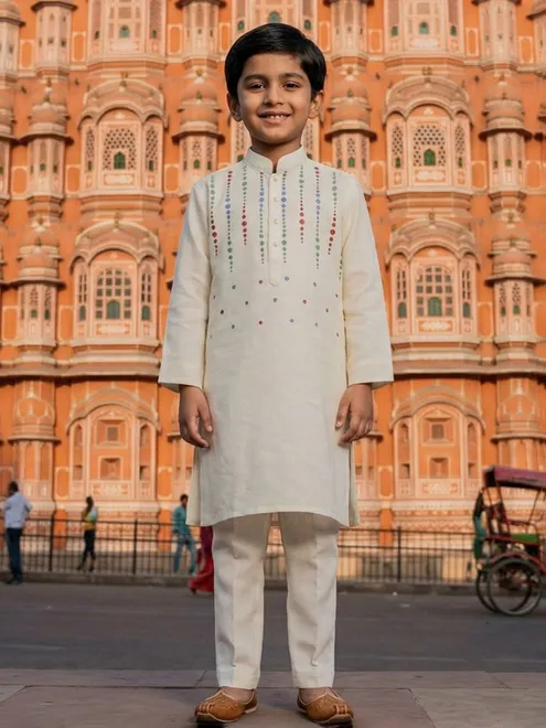 Cream cotton linen thread work festive boys kurta set