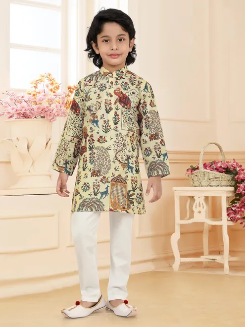 Cream cotton printed boys kurta pajama