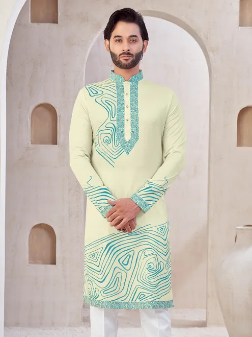 Cream cotton printed kurta suit for men