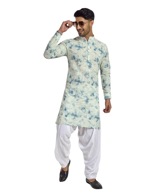 Cream cotton silk embroidered kurta for mens