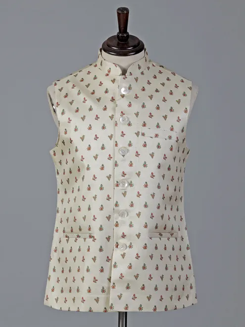 Cream cotton silk festive printed waistcoat