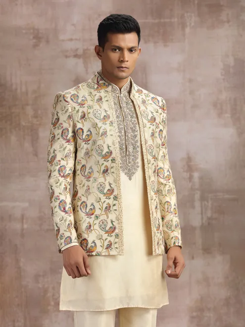 Cream cotton silk indo western with diamond work