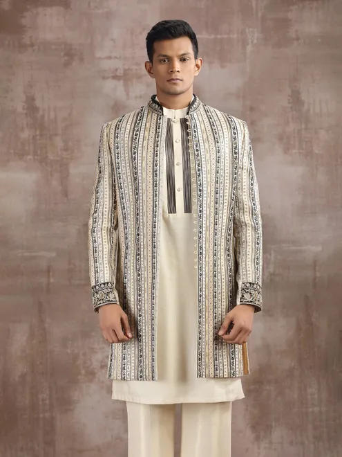 Cream cotton silk indo western with embroidery work