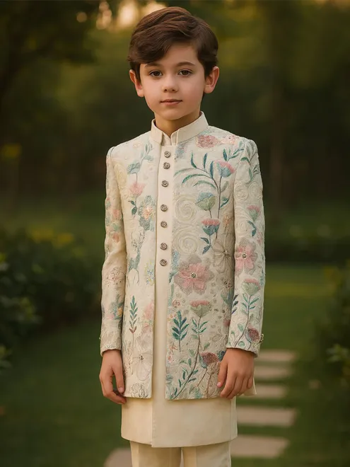 Cream cotton silk indowestern suit for boys