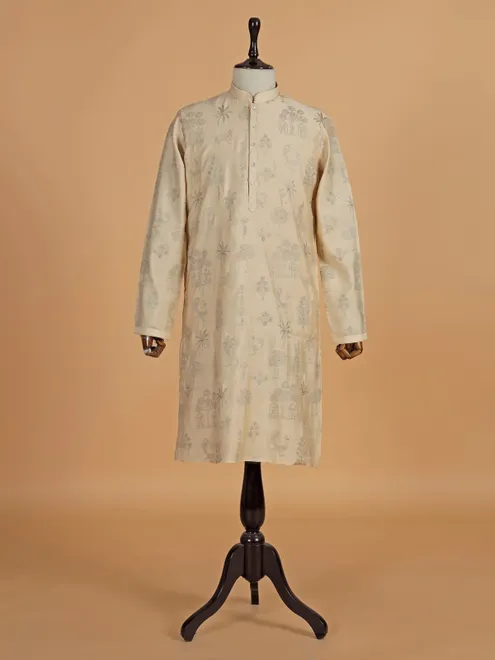 Cream cotton silk kurta suit with sequins work