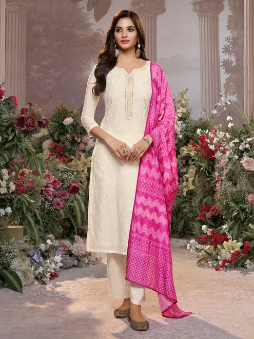 Cream cotton silk kurti set with pink dupatta