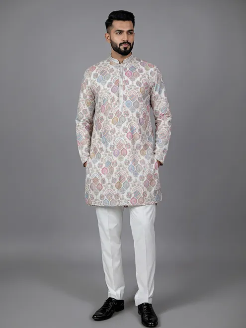 Cream cotton silk printed kurta suit with resham work