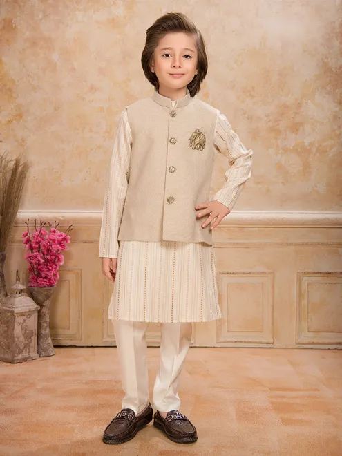 Cream cotton silk printed waistcoat set