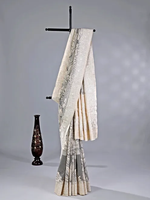 Cream cotton silk saree with print