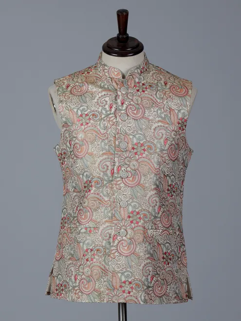 Cream cotton silk waistcoat with embroidery work