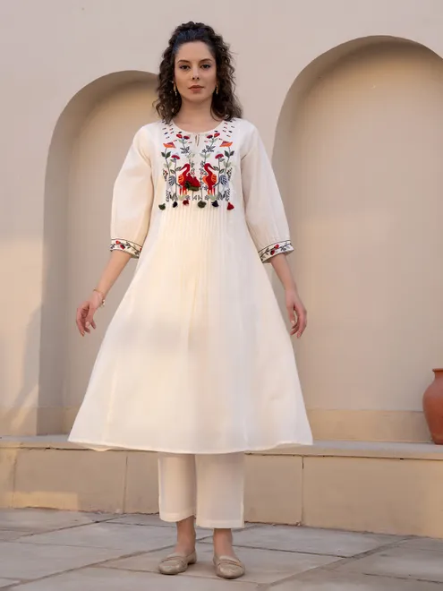 Cream cotton silk yoke style kurti with keyhole neck