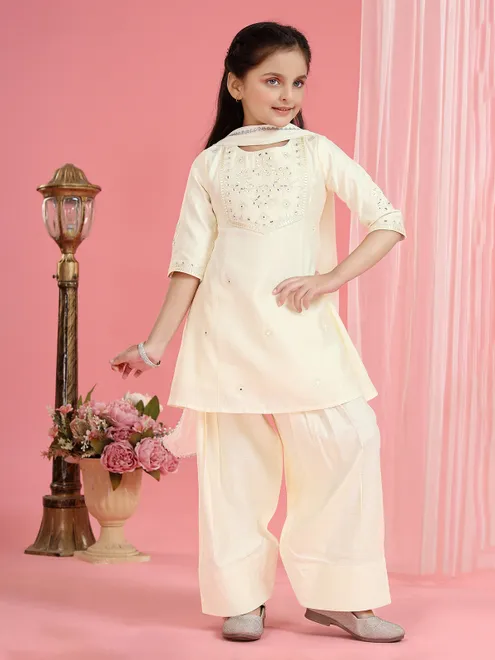 Cream cotton silk yoke style palazzo suit with dupatta