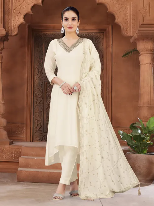 Cream cotton zardosi work salwar suit