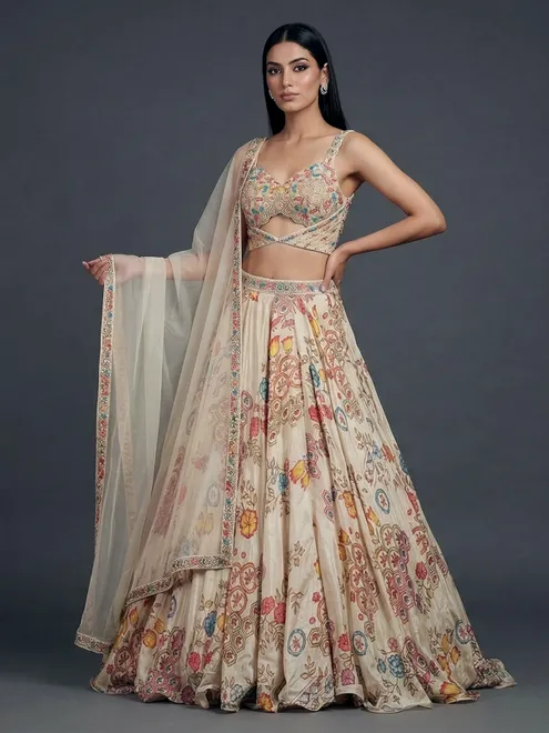 Cream crepe silk embellished designer lehenga choli