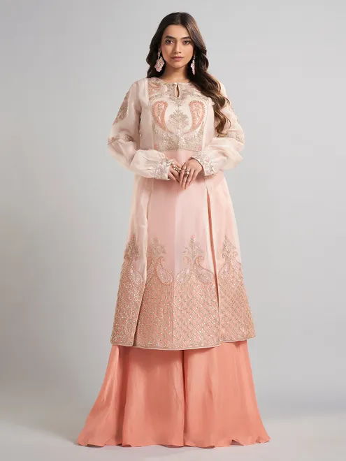 Cream designer pakistani tissue and satin silk palazzo suit