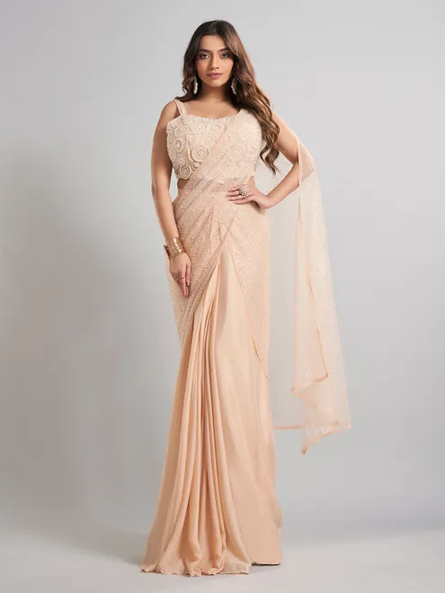 Cream designer ready to wear saree for elegant celebrations